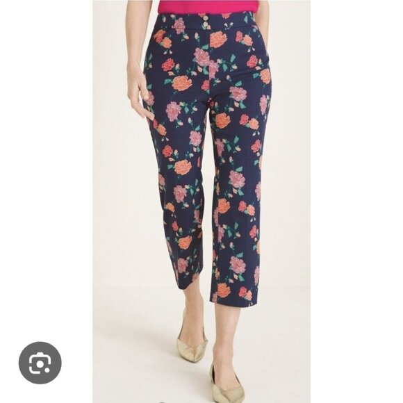 Chico's Navy Blue Floral Rose Print High Rise Ankle Pants Trousers Size 1 -Small - Picture 2 of 14